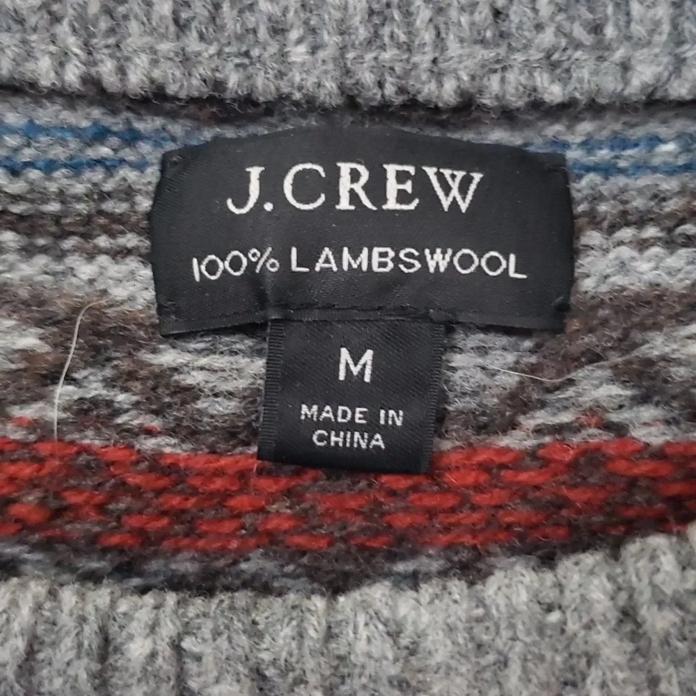 J. Crew Gray Fair Isle Sweater Men's M Lambswool Multicolor Stripe Crewneck